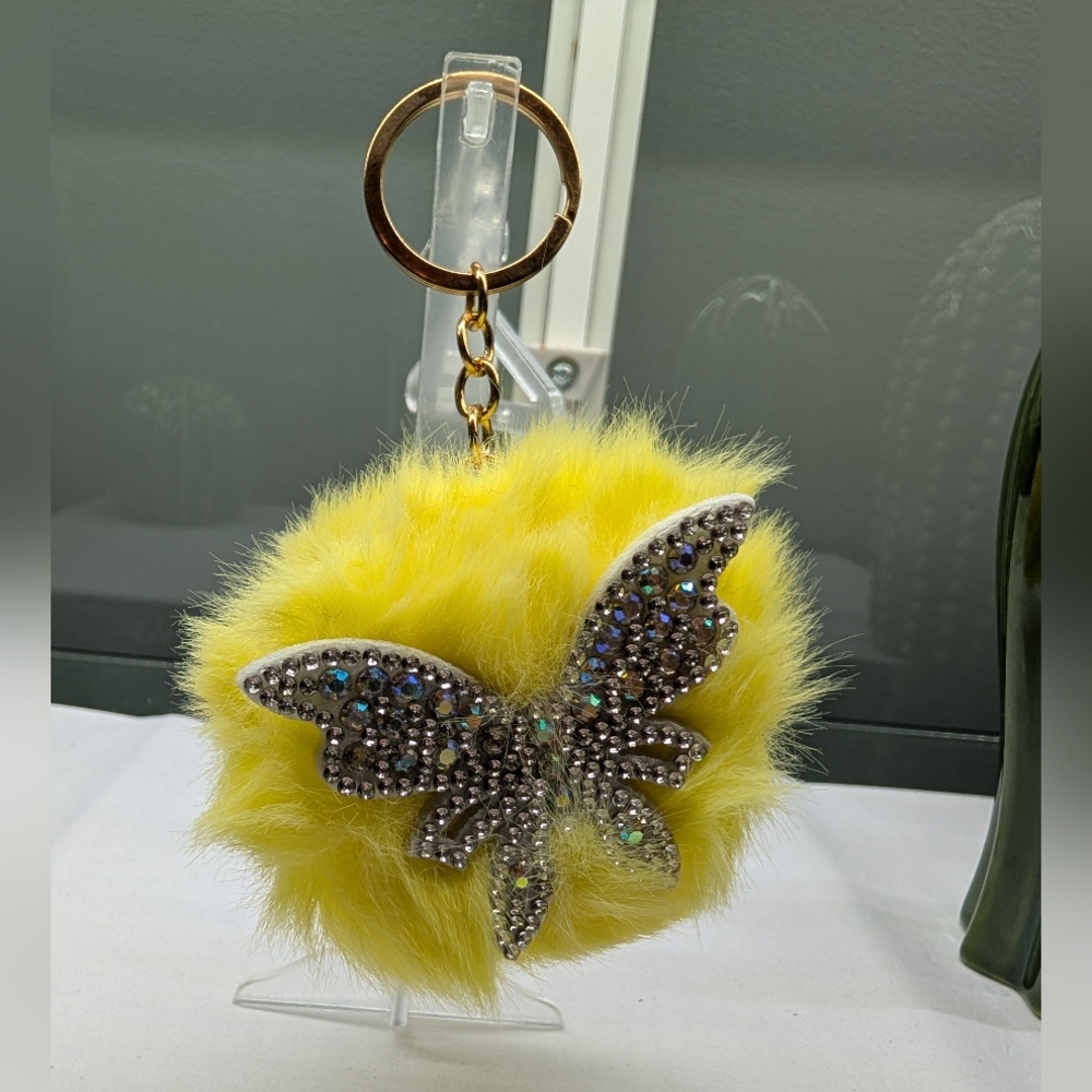 Yellow Fluffy Butterfly Keychain NIP